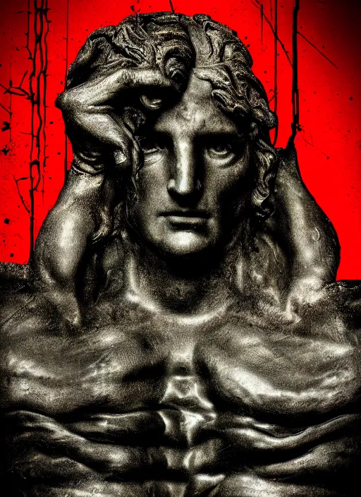 Image similar to dark design poster showing a close up of a heroic greco roman statue, black background with very subtle red and purple design elements, powerful, nekro, vito acconci, thin straight lines, dark, glitch art, neo vaporwave, gritty, layout frame, square, trending on artstation