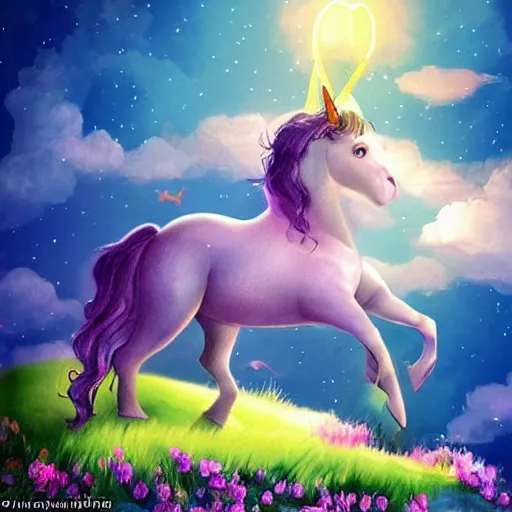 Image similar to dream : a fabulous landscape, a magical unicorn. a boy is sitting astride him. a cat is lying