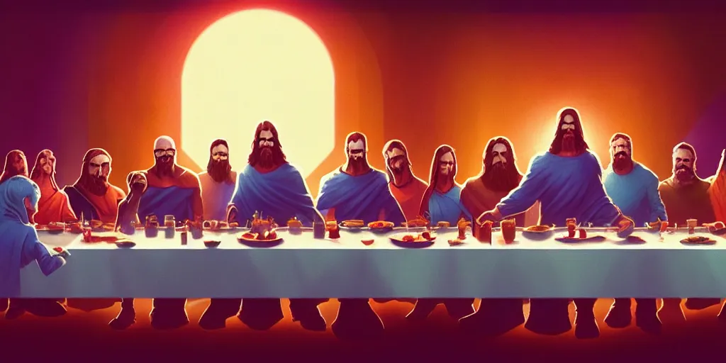 Image similar to marvel universe last supper by beeple and greg rutkowski, digital painting, trending on artstation, sharp focus, 4 k