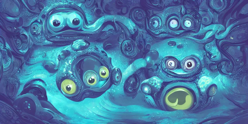 Image similar to of an intricate deep sea with strange cute friendly happy creatures with huge eyes, long tongue, round teeth and goofy funny face, appearing from the background, in the style of gehry and gaudi, macro lens, shallow depth of field, ultra detailed, digital painting, trending artstation, concept art, illustration, cinematic lighting, photorealism, epic, octane render