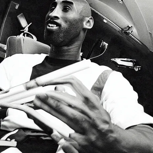 Image similar to selfie of kobe bryant holding a giant rolled marijuana cigarette in a helicopter, smoke around him, 8k resolution, hyper detailed, shot in the air