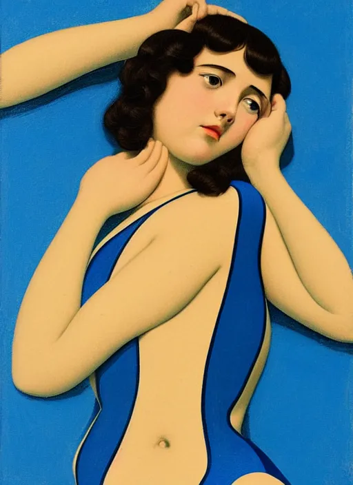 Prompt: portrait of a girl, in retro swimsuit, lying by the pool, minimalist oil painting by john godward, cheng, hsiao - ron, flat colors, beautiful lightning, sharp