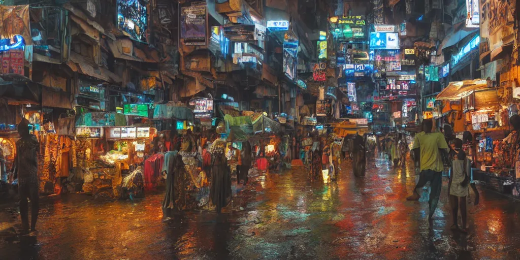 Image similar to a cinematic hyperrealistic African cyberpunk market during a rainy night