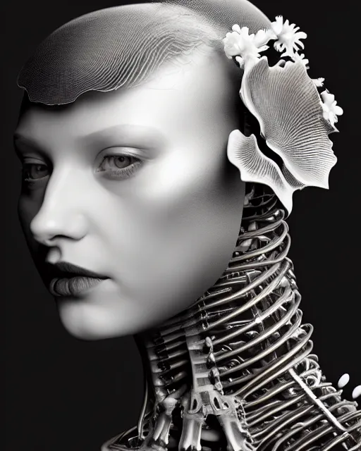 Image similar to black and white dreamy foggy smoky profile face portrait, one silver steampunk eye biomechanical beautiful young female cyclope - cyborg - robot bust, body ribs meshes,, volumetric light, hibiscus flowers, by hg giger, rim light, by dora maar and cecile beaton, big gothic fashion pearl embroidered collar, 8 k