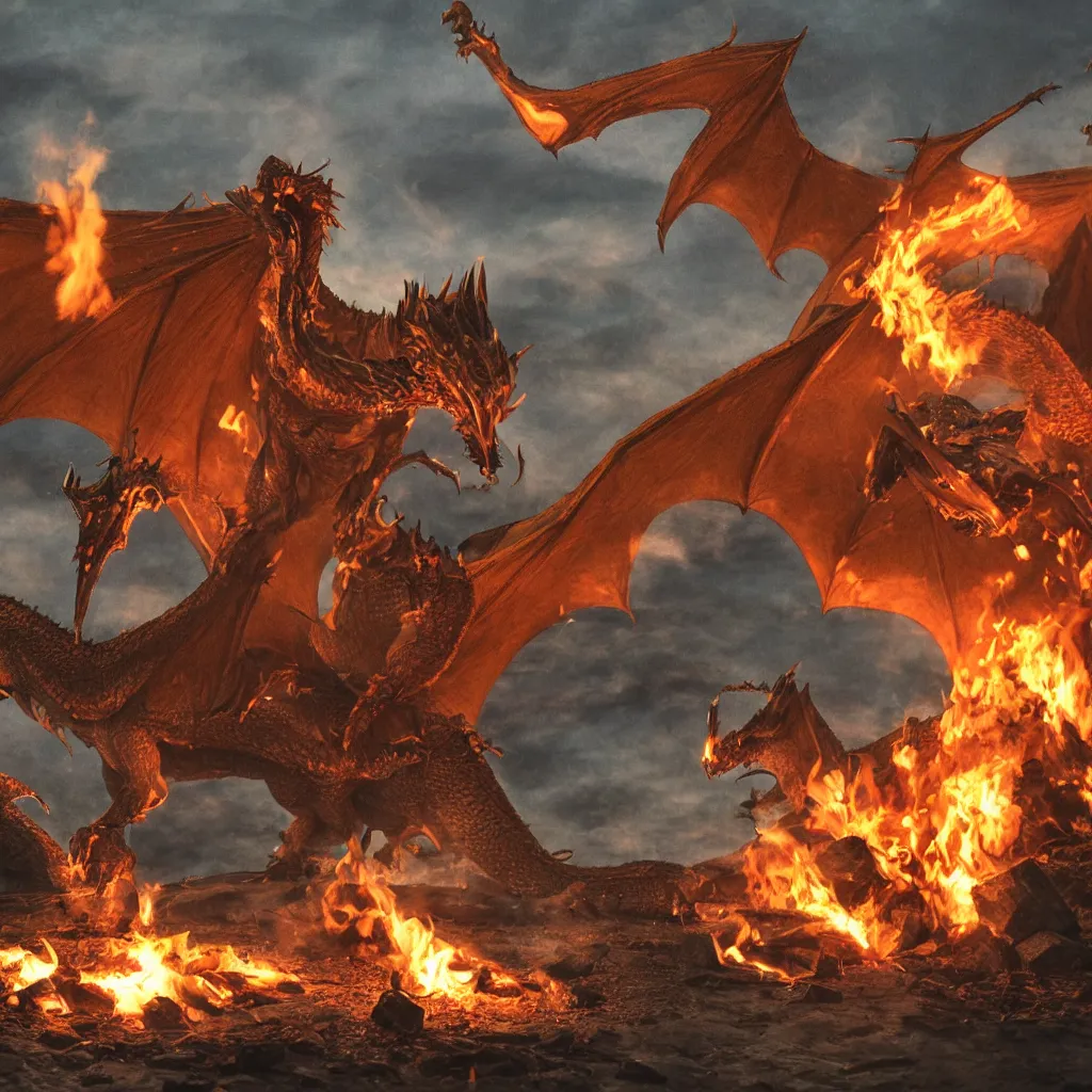 Image similar to a campfire, a dragon flying at background, dragon\'s eyes shining red/yellow seen by far at sky, people talking with each other, sun setting, and sea waves is slow