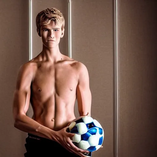 Image similar to a realistic detailed photo of a guy who is an attractive humanoid who is half robot and half humanoid, who is a male android, soccer player martin ødegaard, shiny skin, posing like a statue, blank stare, in a living room, on display, showing off his muscles