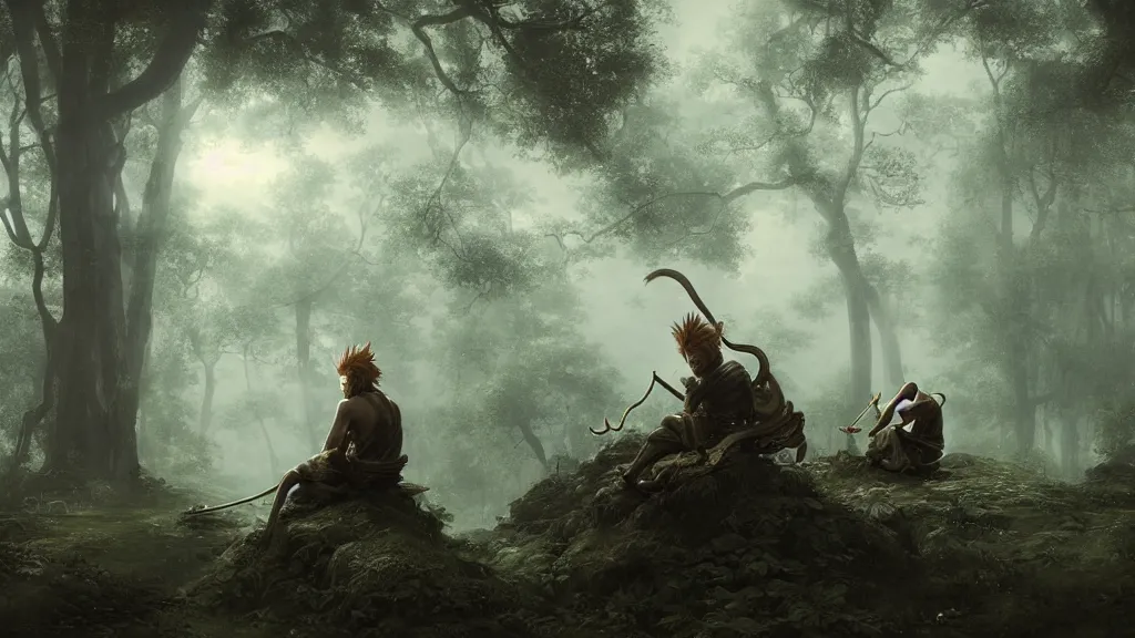 Image similar to sun wukong sitting alone in the melancholy forest. andreas achenbach, artgerm, mikko lagerstedt, zack snyder, tokujin yoshioka