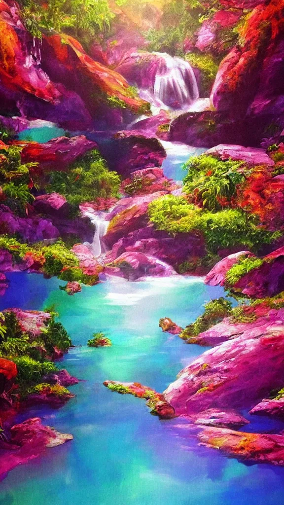 Image similar to high quality psychedelic waterfall background, painted with oil paints, hypperrealism, hd 4 k artstation