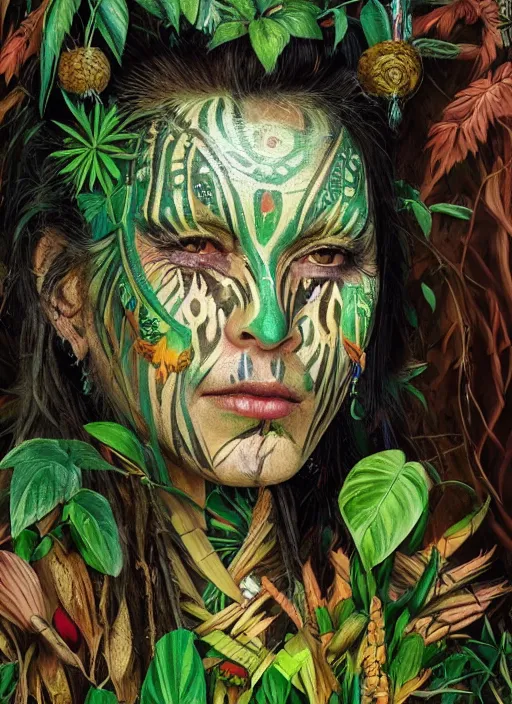 Image similar to a beautiful painted portrait of an old female shaman in the jungle surrounded by leaves and plants, tribal face paintings, shamanism, matte painting, fantasy art