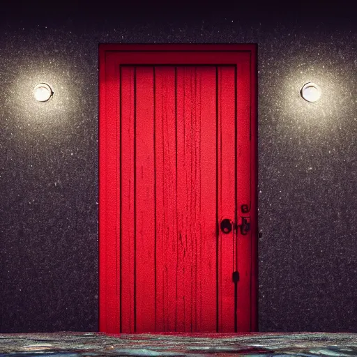 Image similar to a red door at the bottom of the ocean, ominous, deep, ethereal, dark, bubbles, marine life, details visible, octane render, in studio Ghibli style