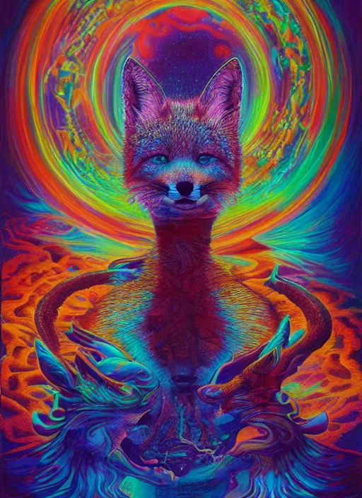 Prompt: portrait ultra dimensional fox entity, accidentally tripping on dmt and acid, psychedelic experience, overwhelming psychosis of self realization and burning awakening, ultra high definition, unreal engine 5, hyperrealism, masterpiece composition, by casey weldon, barclay shaw