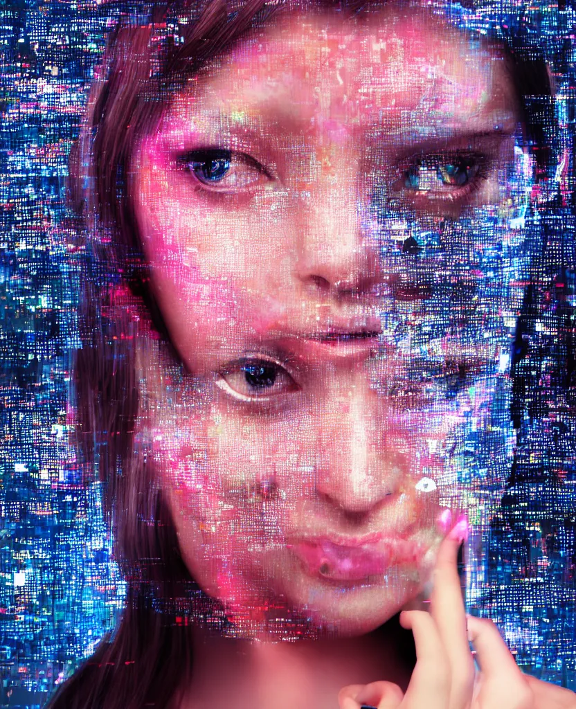Image similar to A broken monitor with a calm AI women's face on it. Very very very strong glitches on the monitor. The face is blurry with glitches. Extremely high detail, glitchcore, glitches, glitch, cyberpunk, 8k render