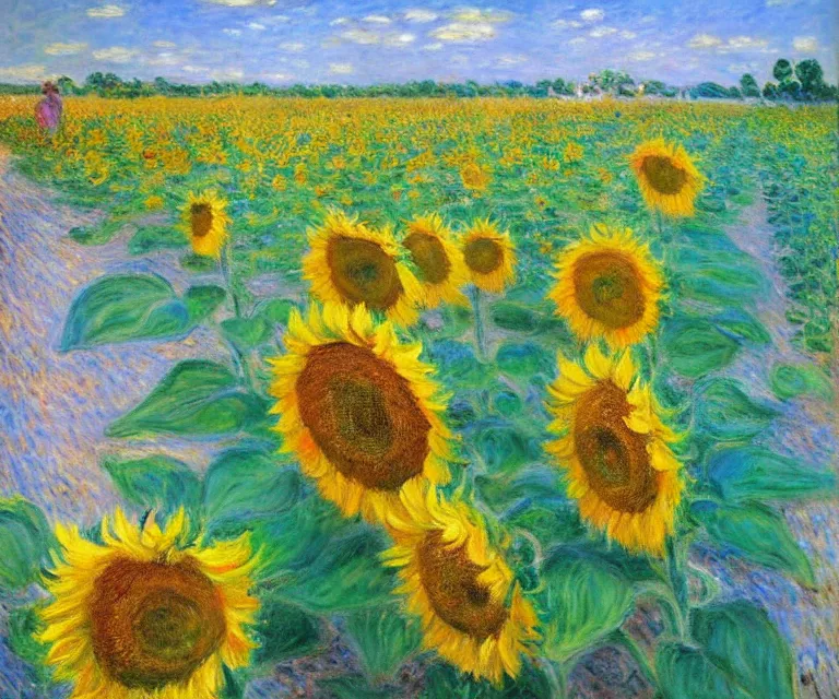 Prompt: sunflowers, monet, oil painting, bright colors, sunlight, happy, peaceful, serene, joy