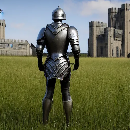 Prompt: detailed man wearing armor standing in a grass field, with a massive kingdom castle in the background, unreal engine 5 rendered, incredibly highly detailed and realistic, 8 k, sharp focus, studio quality