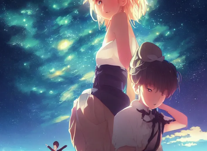 Image similar to watching the stars at night, on a mountain, by wlop, anime key visual, poster