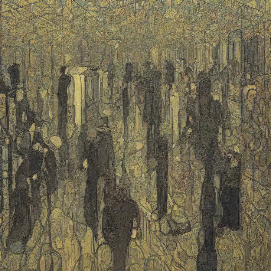 Image similar to artwork about loneliness when time drags on, by jan toorop. atmospheric ambiance. depth and perspective. foggy.