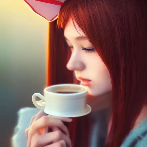 Image similar to a portrait of a girl with cat ear drinking coffee , fantasy, anime , madhouse production, HDR, natural light, shoulder level shot, dynamic pose, award winning photograph, Mucha style 4k,