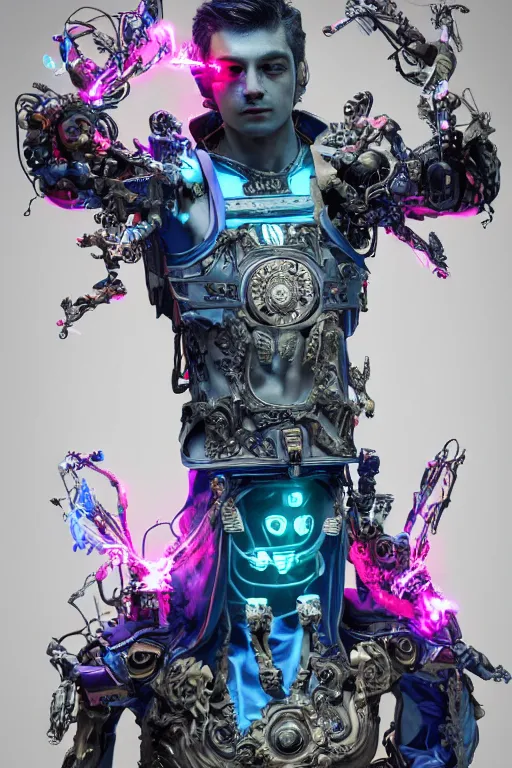 Image similar to full-body cyberpunk style sculpture of a young handsome Colombian prince half android with a chest opening exposing circuitry and electric sparks, glowing pink eyes, crown of blue flowers, flowing salmon-colored silk, fabric, raptors. baroque elements. full-length view. baroque element. intricate artwork by caravaggio. many many birds birds on background. Trending on artstation, octane render, cinematic lighting from the right, hyper realism, octane render, 8k, depth of field, 3D