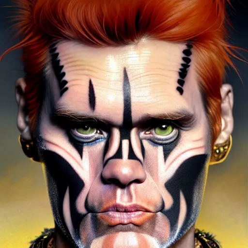 Image similar to portrait painting of jim carrey with a soft expression and short light orange hair and tribal tattoos on his face wearing fur armor, ultra realistic, concept art, intricate details, eerie, highly detailed, photorealistic, octane render, 8 k, unreal engine. art by artgerm and greg rutkowski and charlie bowater and magali villeneuve and alphonse mucha