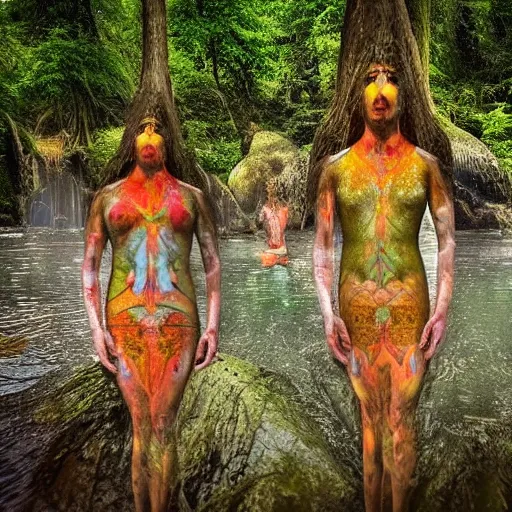 Prompt: gods in forest, three eyed, wide shot, feet in water, vivid colors, foreheads with eyes, ground very detailed, wet eyes reflecting into eyes reflecting into infinity, natural lighting