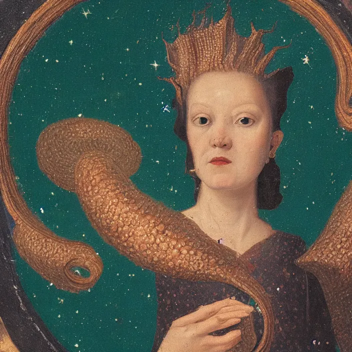 Prompt: a closeup portrait of an eel goddess, in a nebula, early netherlandish painting,