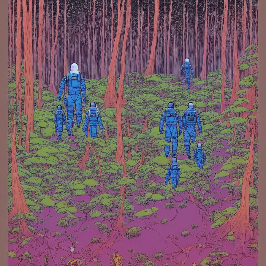 Image similar to ( ( ( ( astronauts walking through a mysterious forest, with decorative frame design ) ) ) ) by mœbius!!!!!!!!!!!!!!!!!!!!!!!!!!!, overdetailed art, colorful, artistic record jacket design