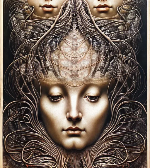 Image similar to detailed realistic beautiful metallic goddess face portrait by jean delville, gustave dore, iris van herpen and marco mazzoni, art forms of nature by ernst haeckel, art nouveau, symbolist, visionary, gothic, neo - gothic, pre - raphaelite, fractal lace, intricate alien botanicals, biodiversity, surreality, hyperdetailed ultrasharp octane render