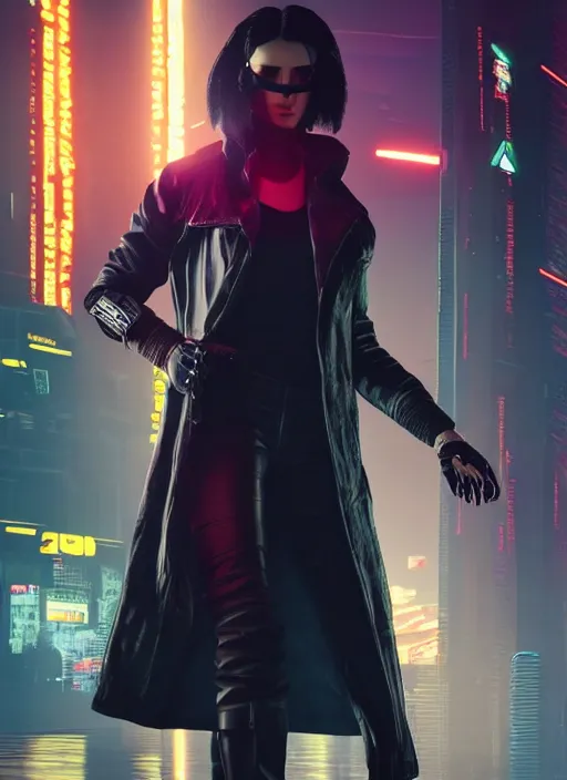 Prompt: black haired woman in a trench coat in a black cyberpunk 2 0 7 7, full body, intricate, highly detailed, face enhance, realistic