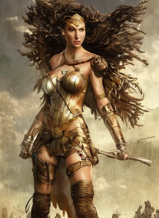 Image similar to highly detailed steampunk gal gadot standing, blond hair, steel age : leonardo da vinci, greg rutkowski, magali villeneuve