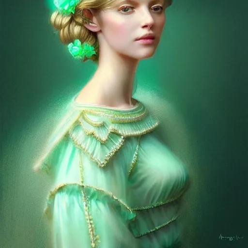 Image similar to Portrait of dreamy and ethereal women with light green eyes wearing mint green ornate frilly dress, peaceful expression, fantasy, intricate, elegant, beautiful, digital art, beautiful dynamic lighting, golden ratio, highly detailed, digital painting, trending on artstation, concept art, smooth, sharp focus, illustration, photo realistic, art by artgerm and greg rutkowski and alphonse mucha 8K