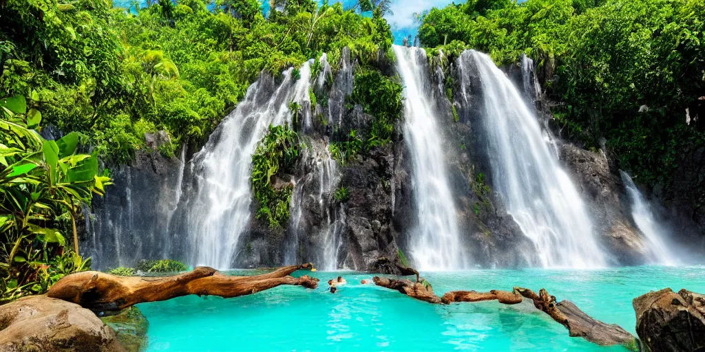 Image similar to of a tropical island with a majestic waterfall flowing into a clear pool of water.