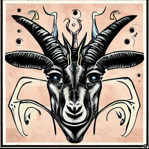 Image similar to goat - headed devil, looking at the camera, holding a human head, whose eyes are still wide. symmetrical anatomy, very detailed design, complexity of the picture, with pop punk style, colorful, accompanied by body, pure image without duplication, trending dribble, drawn by vinicius gud and gustavo zambelli