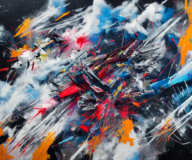 Image similar to acrylic and spraypaint action portrait of origami x - wings battling in space, explosions, graffiti wildstyle, large brush strokes, painting, saturn, paint drips, acrylic, clear shapes, spraypaint, smeared flowers large triangular shapes, painting by ashley wood, totem 2, jeremy mann, masterpiece