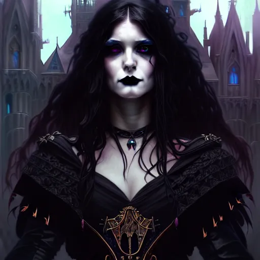 Prompt: A epic fantasy portrait of a cute goth woman, castle setting, horror movie lightning, intricate, elegant, highly detailed, digital painting, artstation, concept art, matte, sharp focus, illustration, art by Artgerm and Greg Rutkowski and Alphonse Mucha