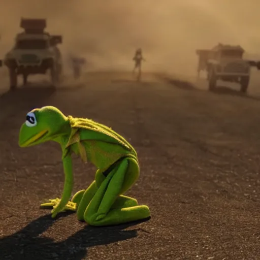 Prompt: action shot of kermit the frog as furiosa in mad max, dramatic light, god rays, very detailed