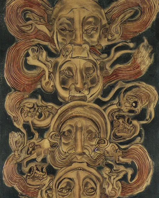 Image similar to zmei gorynich with four heads. one human head, second eagle head, third lion head, fourth ox head. drawn by francis bacon