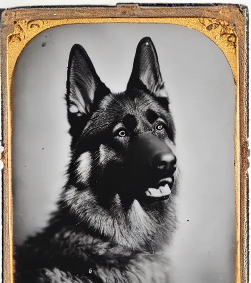 Image similar to professional studio photo portrait of anthro anthropomorphic german shepard head animal person fursona serious wearing elaborate military general uniform clothes degraded medium by Louis Daguerre daguerreotype tintype