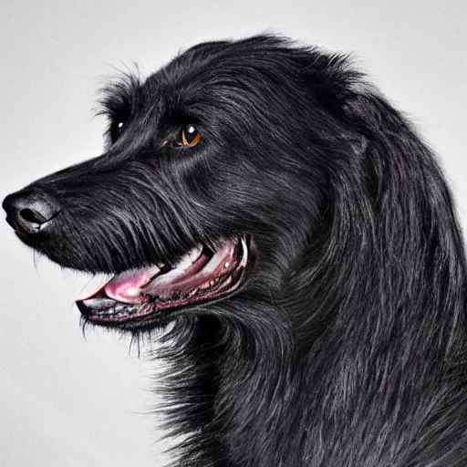 Image similar to portrait of a black wolfhound, beautiful, hyper realistic, highly detailed