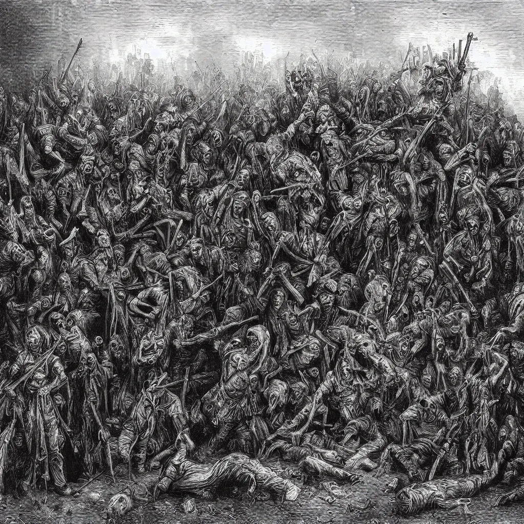 Image similar to zombies, nine steel barrels in a graveyard, creepy atmosphere, dark, realistic, illustration by gustave dore