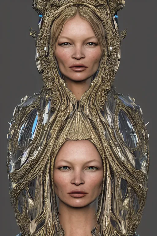 Image similar to a highly detailed medium shot 8 k render portrait of an alien goddess young kate moss in iris van herpen dress schiaparelli in diamonds and jewelry in style of alphonse mucha trending on artstation made in unreal engine 4