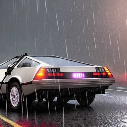 Image similar to hyperdetailed, photorealistic photograph of a dmc 1 2 delorean driving in the streets, rain, night, dense fog, hd, unreal engine 5