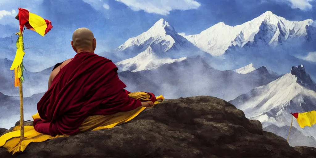 Image similar to oil matte portrait of tibetan monk sitting at a mountain peak praying, with tibetan prayer flags going up the summit, cinematic lighting, deep focus, sharp focus, golden ratio, dramatic illumination, hdr, ultra realistic, 8 k, highly detailed, trending on artstation, epic composition, by caravaggio, by artemisia lomi gentileschi