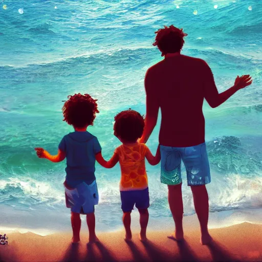 Prompt: hippie style dad and mom and two kids, boy 1 year old, girl 3 years old standing on the ocean and looking at the ocean holding hands, back view, mid - range, high detail, 8 k, artstation trending