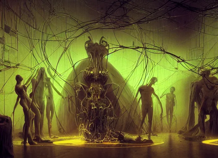 Image similar to satanic ritual, neon, they are watching, RGB, glowing wires everywhere, pristine, by Edgar Maxence and Ross Tran, Zdzisław Beksiński, and Michael Whelan, distant, gustav dore, H.R. Giger, 8k, octane render