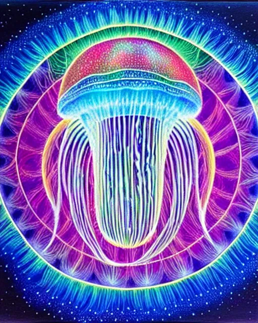 Image similar to detailed realistic geometric glow painting a jellyfish portal emitting light in the cosmos by alex grey symmetry underwater in the cosmos