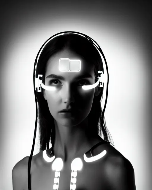 Prompt: black and white dreamy spiritual connected young female cyborg high quality photo, microchip, artificial intelligence, bio - mechanical bio - luminescence, black wired cables, neurons, nerve cells, cinematic, rim light, photo - realistic, elegant, high detail, 8 k, masterpiece, high fashion