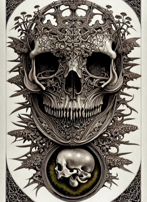 Image similar to art forms of nature by ernst haeckel, memento mori by arthur rackham, ornate antique porcelain beautiful skull mask, ultrasharp, photorealistic, hyperdetailed, octane render, polished, art nouveau, neo - gothic, gothic, intricate ornamental organic filigree, art nouveau botanicals, art forms of nature by ernst haeckel, horizontal symmetry, symbolist, visionary