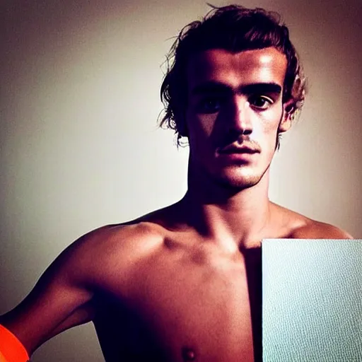 Image similar to “ a realistic detailed photo of a guy who is an attractive humanoid who is half robot and half humanoid, who is a male android, soccer player antoine griezmann, shiny skin, posing like a statue, blank stare, on the bed, on display ”