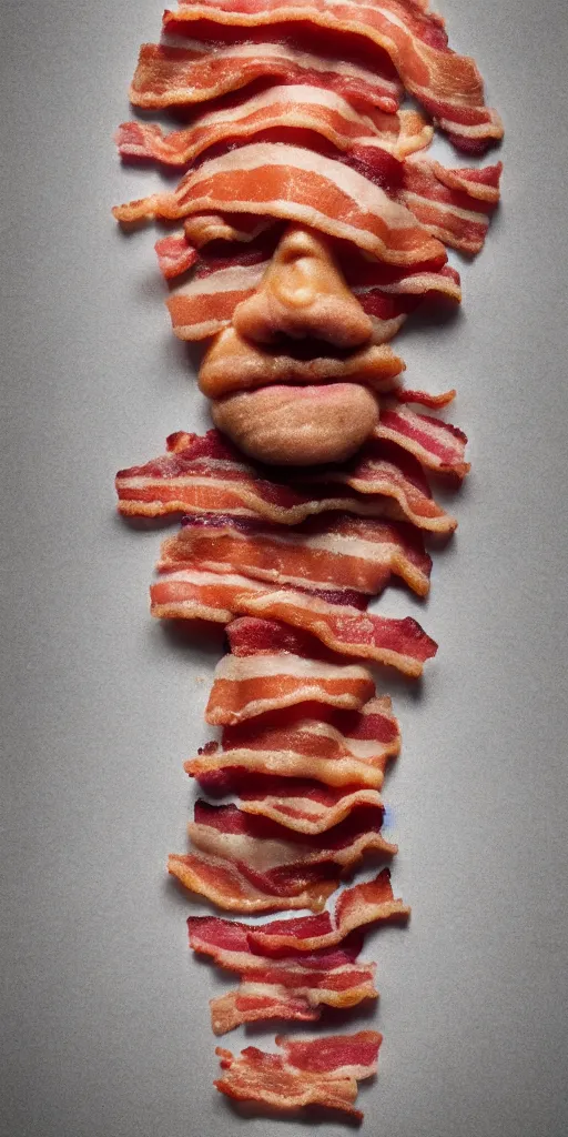 Image similar to bacon in the shape of a human face, human face made out of bacon, kevin bacon made out of bacon, professional food photography, unreal engine