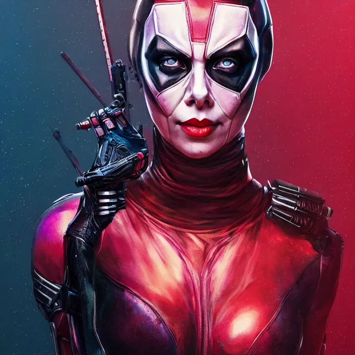 Image similar to charlize theron as lady deadpool. intricate abstract. intricate artwork. by tooth wu, wlop, beeple, dan mumford. octane render, trending on artstation, greg rutkowski very coherent symmetrical artwork. cinematic, hyper realism, high detail, octane render, 8 k, iridescent accents